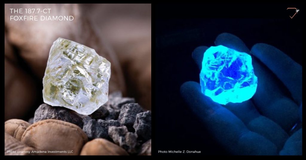Example of Foxfire diamond with strong fluorescence when placed under UV light.