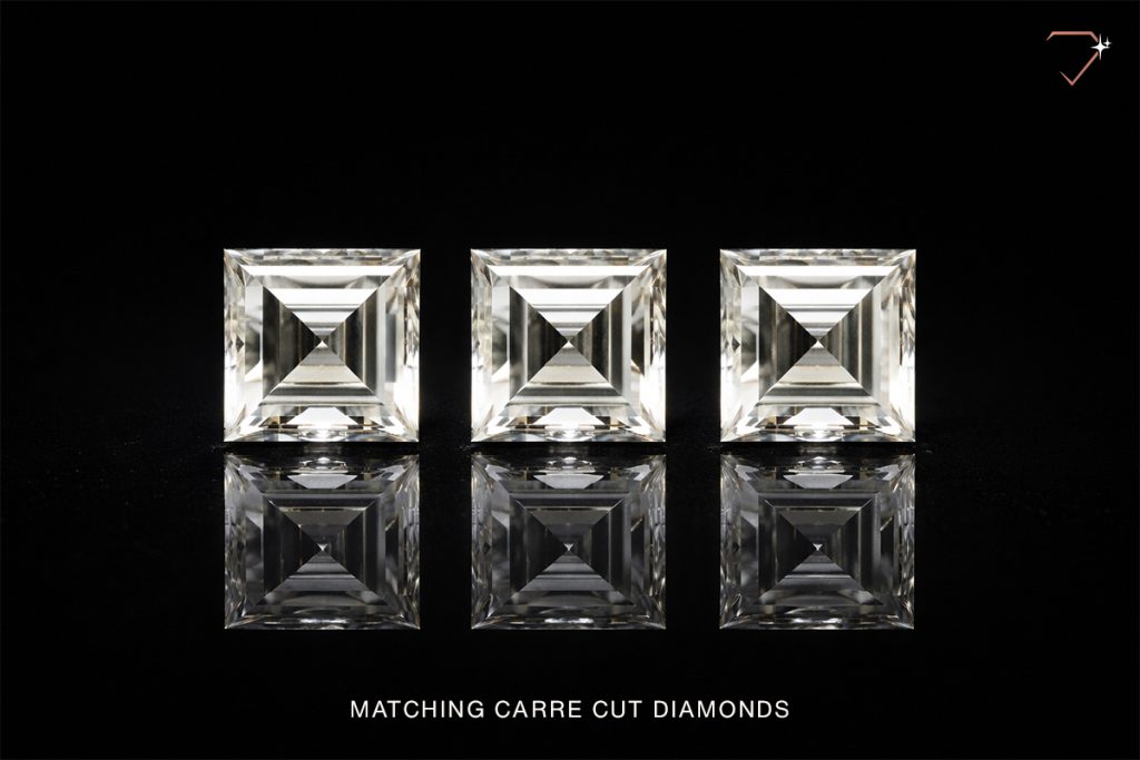 Calibrated Carre cut melee diamonds arranged in a precise layout for channel and multi-stone jewellery designs