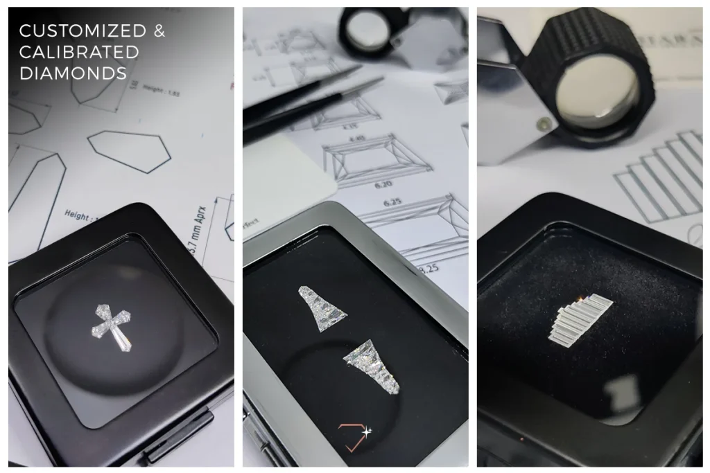 A Cross layout, Trapezoid Brilliant cut side stones for shank of a ring, Baguette cut tower layout for a jewelry piece